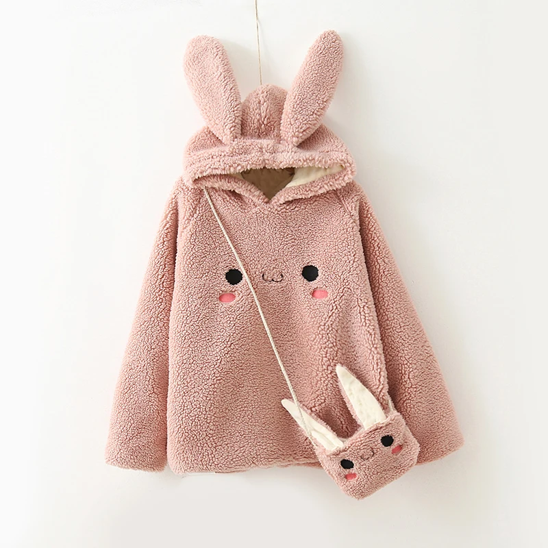 Осень Зима Kawaii кроличьи уши плюшевая Короткая Толстовка женская с длинным рукавом Толстая овечья шерсть Повседневная теплая толстовка сумка через плечо