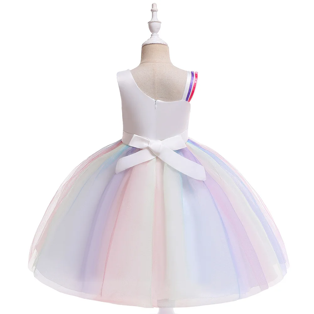 Новинка года; стильное газовое платье с блестками для девочек; детское Радужное платье с единорогом; юбка принцессы с покатыми плечами