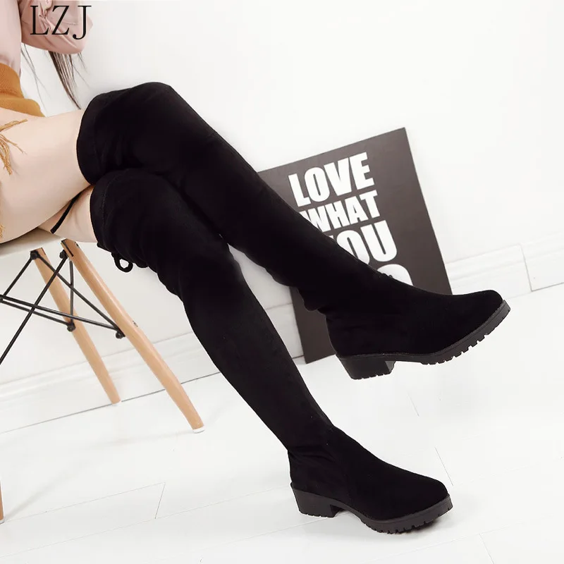 

LZJ New Thigh High Boots Female Winter Boots Women Over The Knee Boots Flat Stretch Sexy Fashion Shoes 2019 Black Botas Mujer