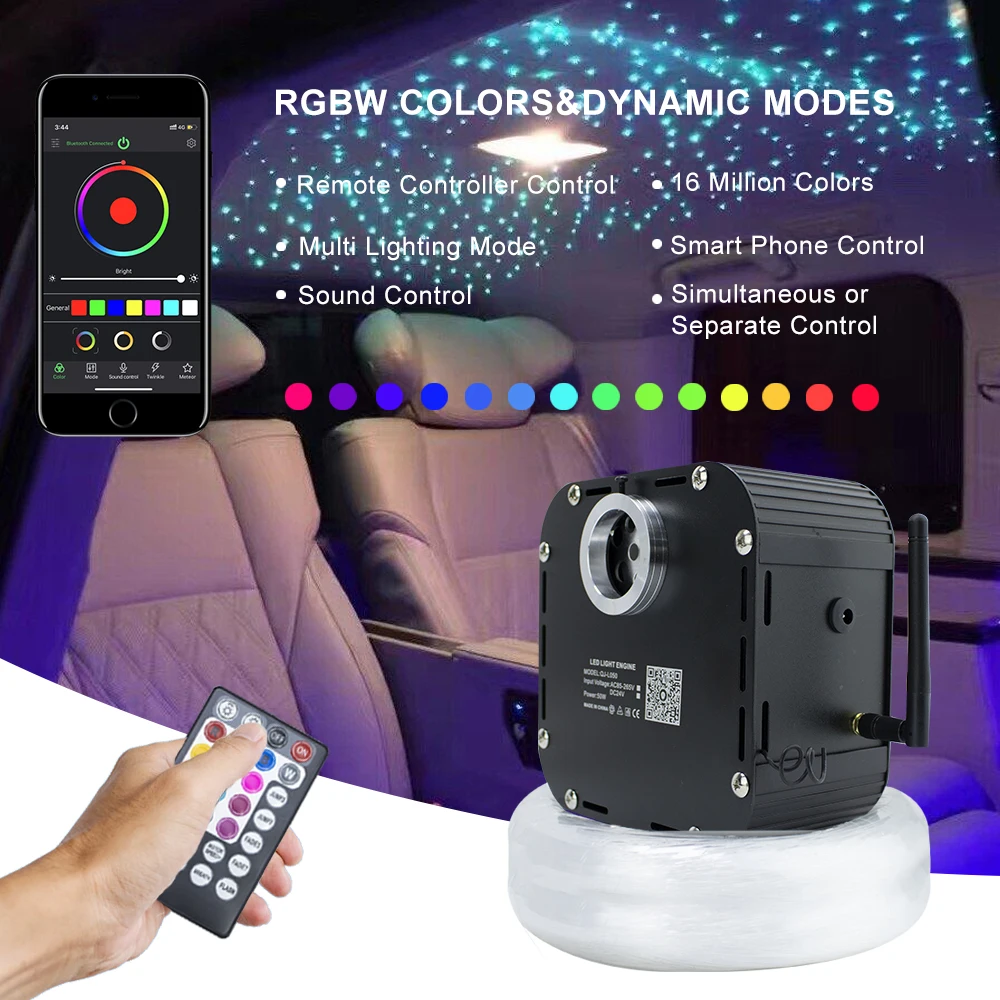 Kit de plafond étoilé à fibre optique scintillante 20 W, pilote de moteur  LED RGBW avec application de contrôle Bluetooth, télécommande RF 28 touches