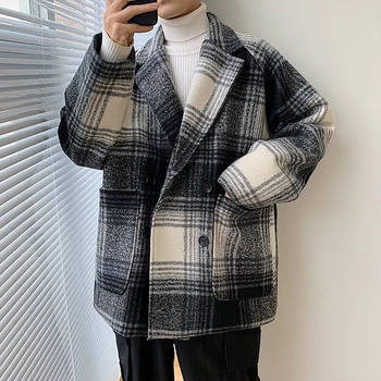 

Winter Tartan Woolen Coat Men Fashion Retro Casual Cotton Thicken Woolen Jacket Men Loose British Wind Overcoat Male M-2XL