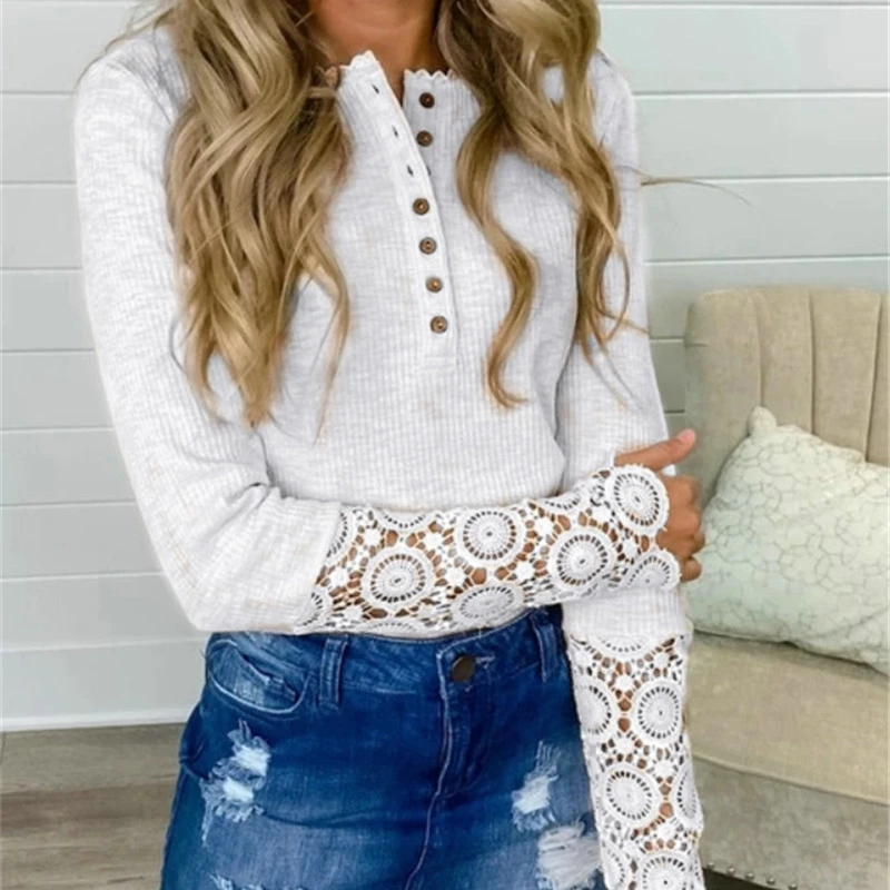 New Women's Solid Color Knitted Top Long-sleeved Round Neck Button-decorated Lace-trimmed Hollow T-shirt Casual Pullover
