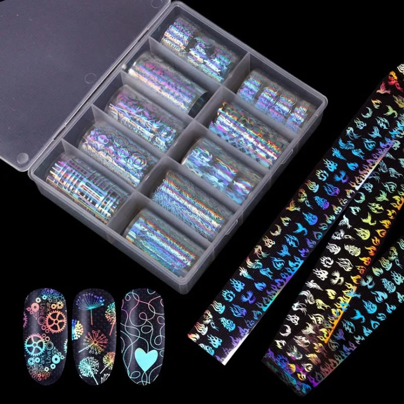 

10Rolls/Bottle Holographic Laser Nails colorful laser flame pattern flower alphabet series Stickers Mix Pattern Manicure DIY New