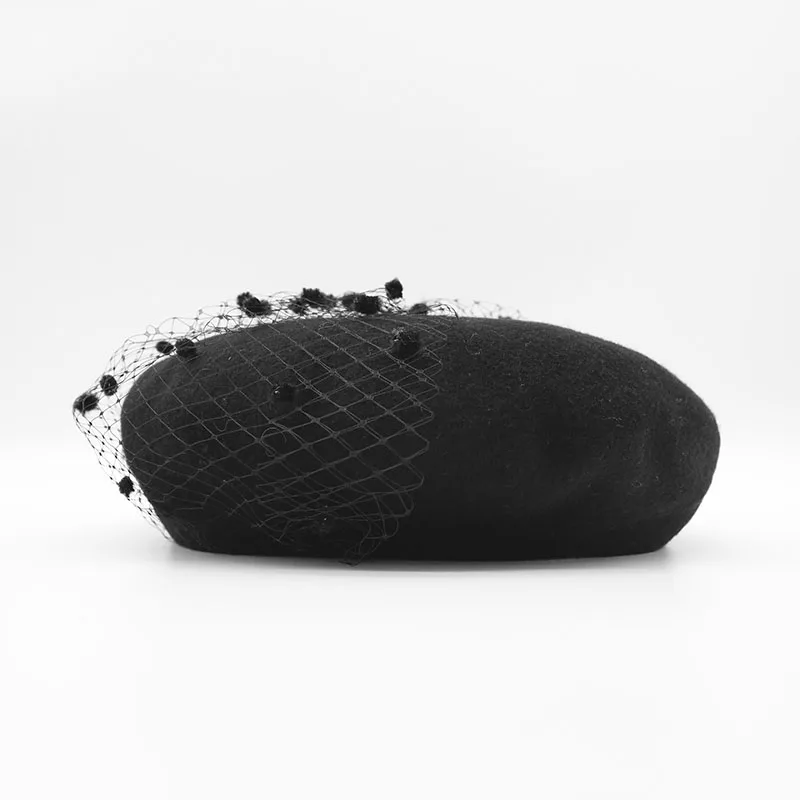 Black Французский однотонный берет, Зимняя шерстяная Осенняя шапка с марлевым декором, берет, шапка для женщин, плоская шапка, милая шапка с тыквой, подарок для любимой девушки - Цвет: Black