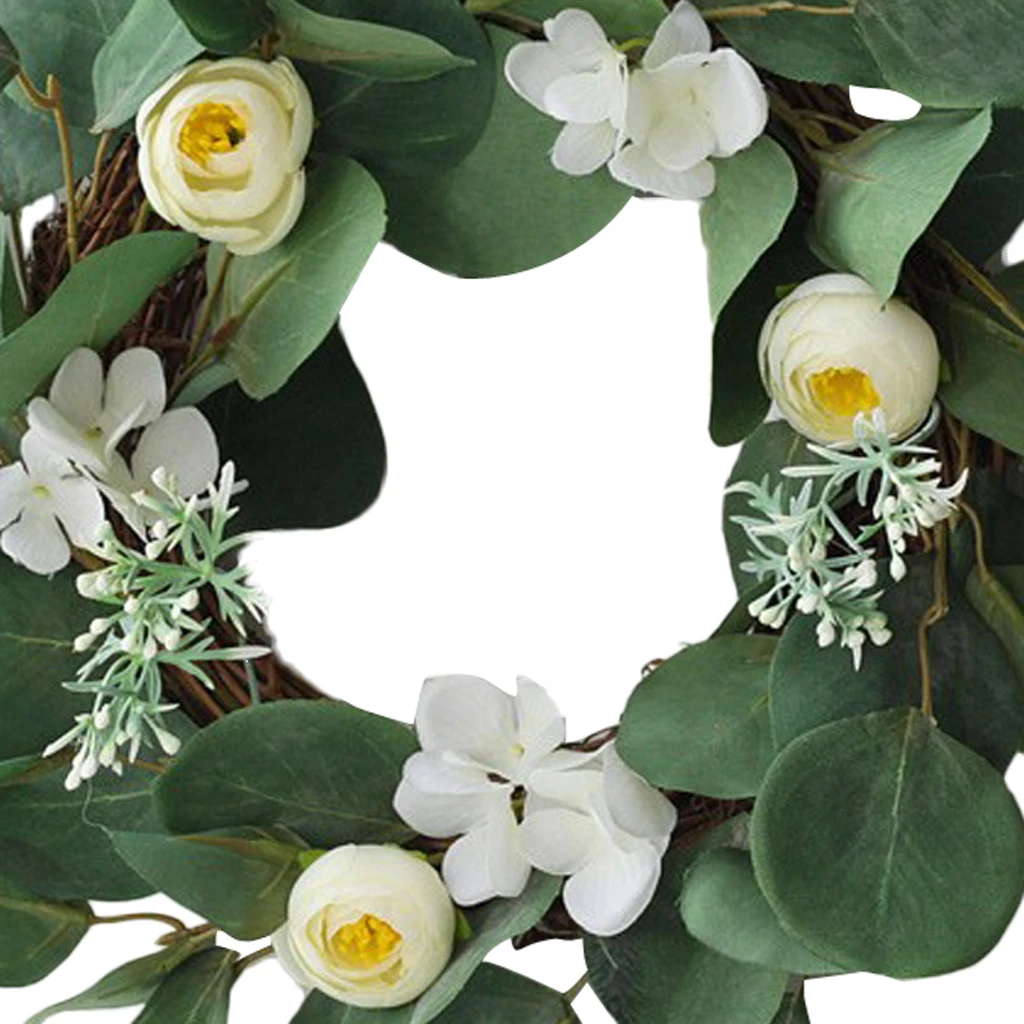 13.8 Inch Succulent Vine Wreath with White Flowers Arrangement for Front Door Home Office Real Twig Based Back