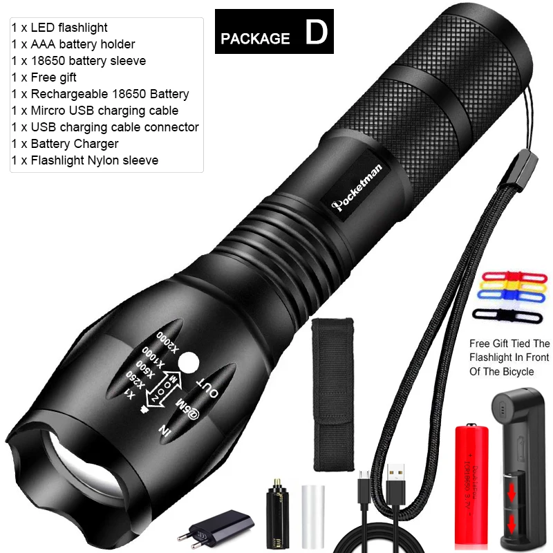Package D Ультра яркий светодиодный фонарь T6/L2/V6 светодиодный фонарь с 5 режимами масштабирования водонепроницаемый фонарь с 18650 батареей - Испускаемый цвет: Package D