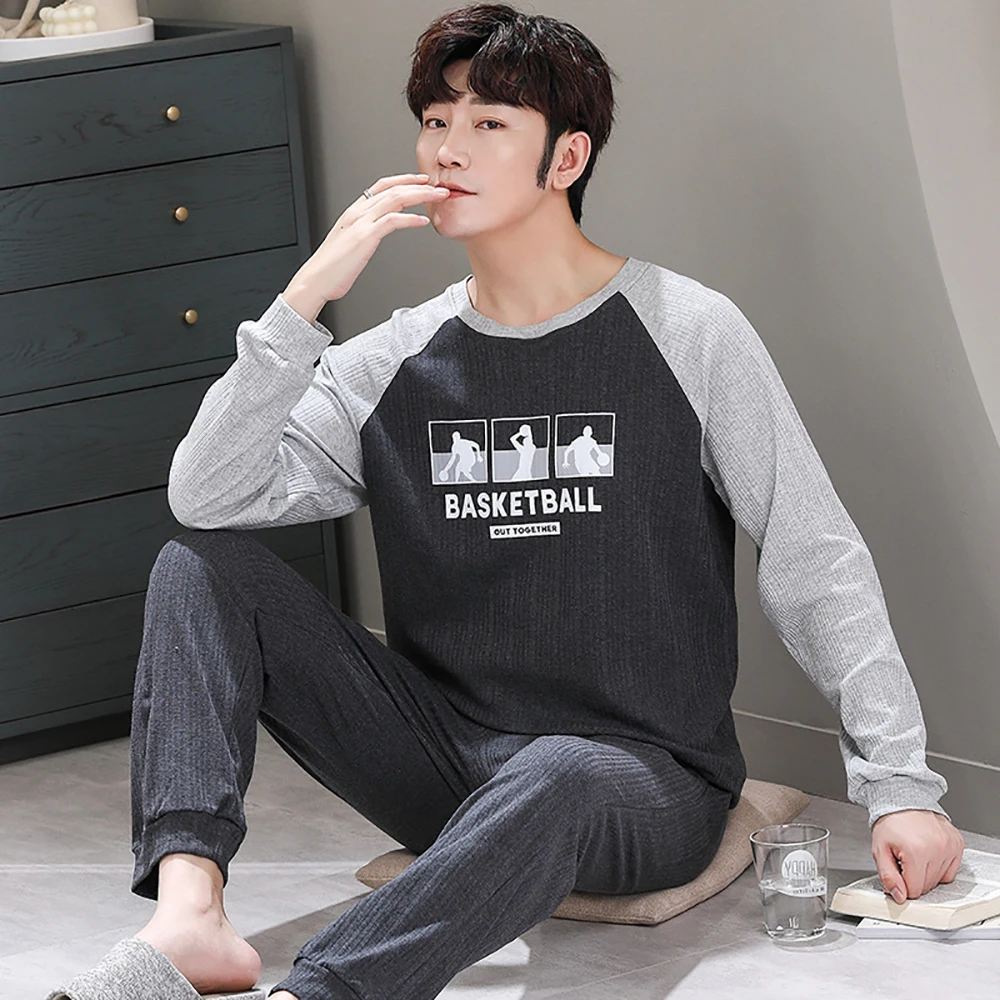 Autumn Winter Casual Long Sleeve Pajamas for Men Basketball Letter Print Sleepwear Cotton Patchwork Pajama Set Male Home Clothes
