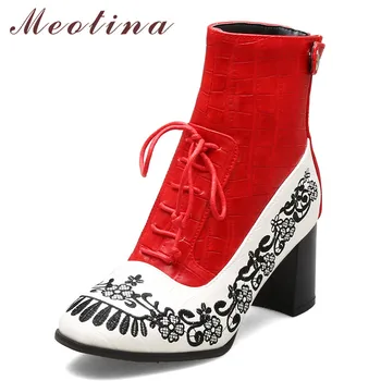 

Meotina Women Boots Autumn Ankle Boots Embroider Thick High Heel Short Boots Zipper Round Toe Shoes Ladies Winter Red Size 33-43