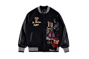 

2020 Travis scott CHAOS LETTERED STADIUM Embroidery JACKET Coats Men Women PU Leather Sleeve Men Padded Jacket
