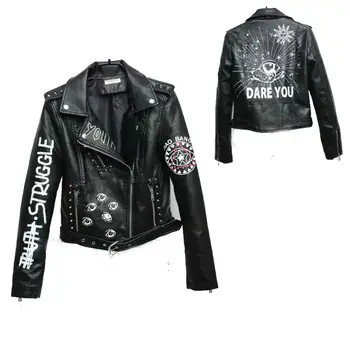 

Overcoat PU Leather Female Casual Pu Jacket Motorcycle Clothing With Zipper&Epaulets Long Sleeve Women Faux Leather Outwear