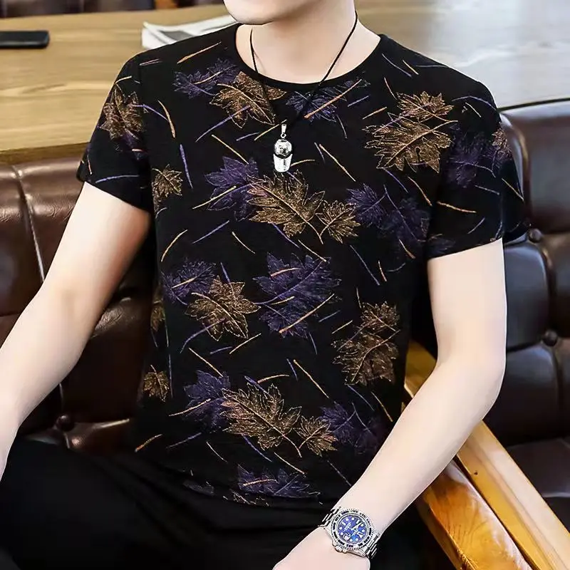 

New Men's Summer Ice Silk Short-Sleeved Bronzing Jacquard Round Neck T-Shirt Fashion Trend Young And Middle-Aged All-Match Shirt