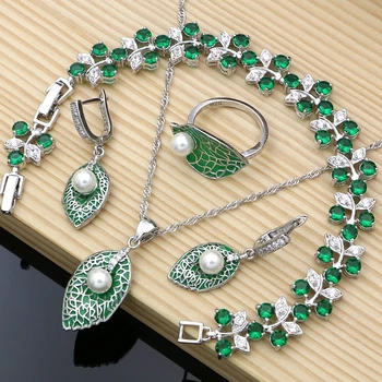

Silver Earrings Authentic 925 Sterling Silver Pearl Jewelry Sets Delicate Leaves Fine Women Jewelry Handmade Enamel Dropshipping