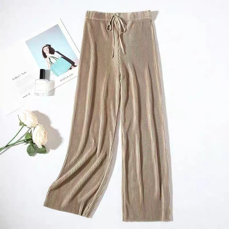 Female Summer Ice Silk Solid Pleated High Waist Drape Skirt Straight Wide Leg Beach Pants Casual Loose Culottes Trousers | Женская