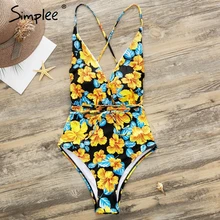 Купальник с глубоким V-образным вырезом Simplee, сексуальный, с цветочным принтом черного цвета и завязками, актуальный в году