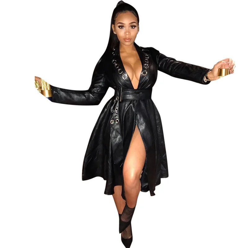 

sexy faux leather coat women black 2019 autumn winter new europe and america long sleeve V neck fashion PU jacket feminina LR429