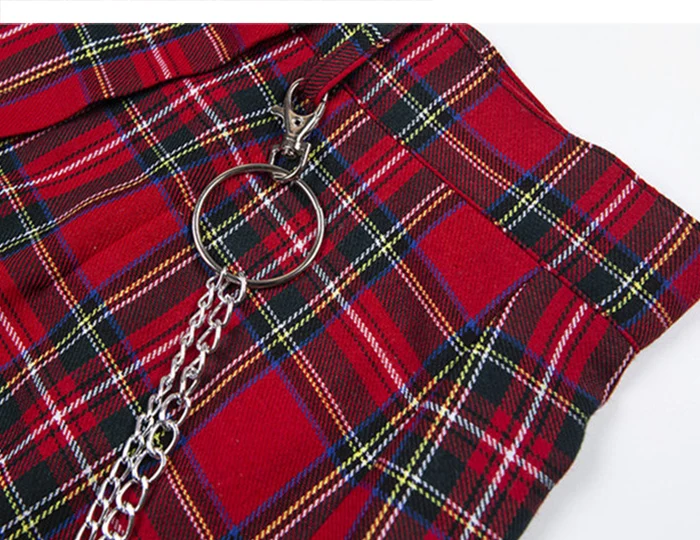 Aelfric Vintage Red Plaid Mini Skirts Chain Womens Fashion Harajuku Casual Streetwear Hip Hop Femme Short Straight Skirts