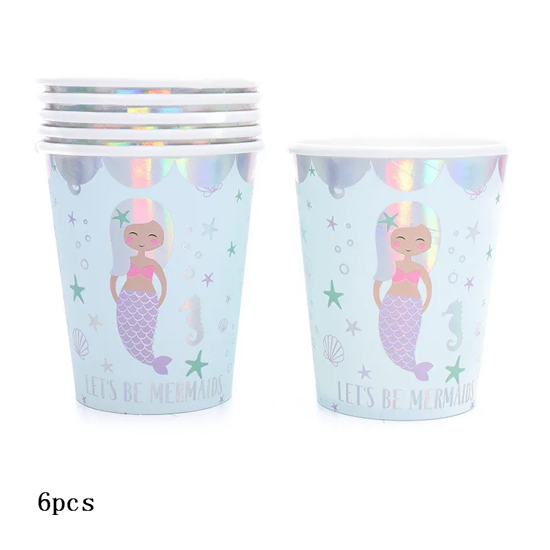 cup 6pcs Праздничный набор для девочек на день рождения, столовая посуда, серебряная детская скатерть с русалочкой, Детские вечерние столовые приборы, тарелка, чашка - Цвет: cup 6pcs