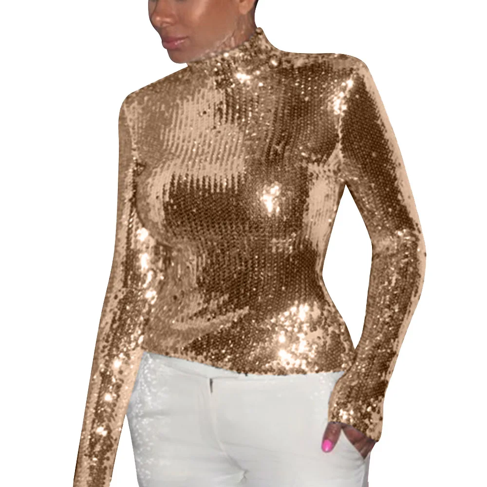 Осенне-зимняя женская футболка с круглым вырезом и длинным рукавом, водолазка, модная повседневная футболка, женская одежда для ночного клуба, футболка GL9503 - Цвет: Золотой
