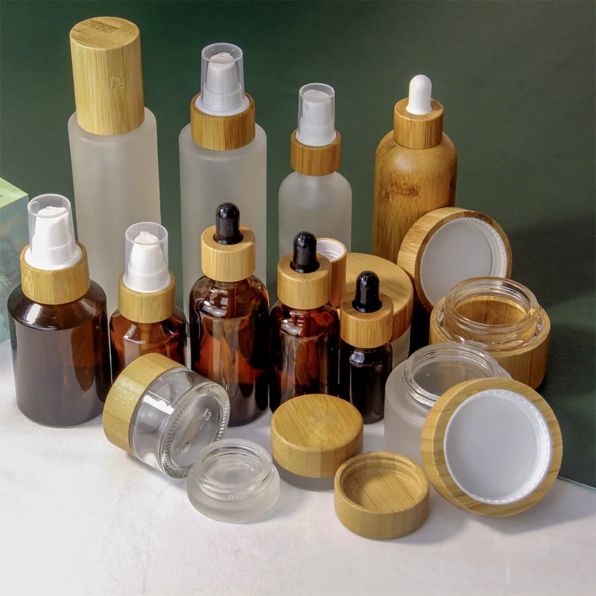 Frosted glass emulsion spray bottle Perfume bottles Skincare cream jar Mask Cosmetic packaging containers with wooden bamboo cap | Красота и