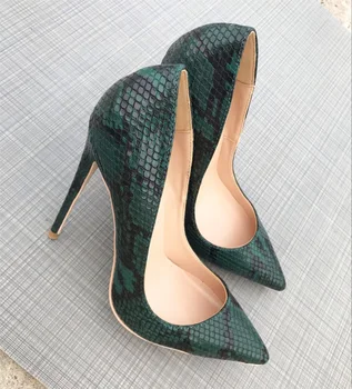 

Dark green snake print pointed toe 12cm high heels stiletto shoes small size single shoes shallow mouth