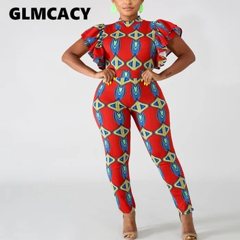 

Women Ruffles Petal Sleeve Dashiki bodycon Jumpsuit Summer Sexy African Ethnic Printed Long Overalls Elegant Party Club Outfits