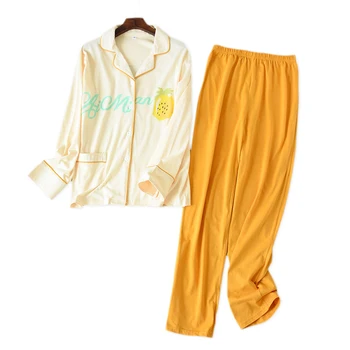 

New Fresh fruits 100% knit cotton pajamas sets women autumn sweet pineapple sleepwear women long sleeve quality women pyjamas