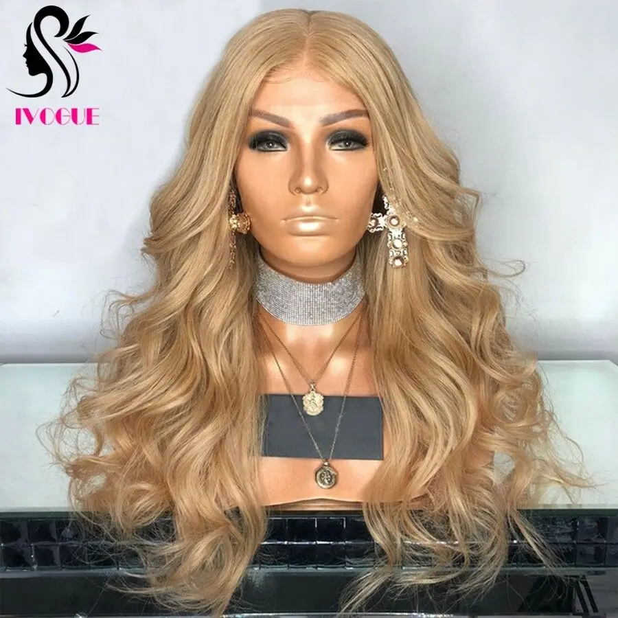 Golden Blonde Human Hair Wigs Body Wave Long Wavy European Remy Human Hair Lace Front Wig with Baby Hair Free Part Color #27