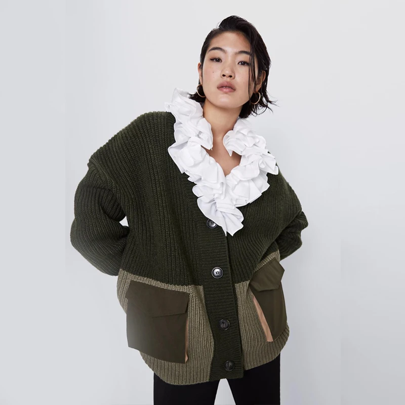 2019 Za Women Knitted Sweater Stitching Pocket Contrast Cardigan Autumn Winter Coat Jacket Long Sleeve Statement Wholesale |