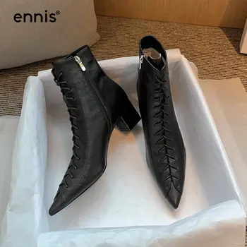 

ENNIS Chunky Heel Ankle Boots Lace Genuine Leather Women Boots Pointed Toe Shoes Autumn Winter Boots Fashion Zip Shoes New A0191