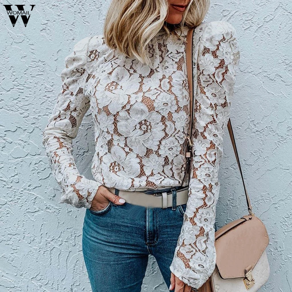 

Womail Women Blouses 2019 Spring Sexy shirt Hollow Long Sleeve Blouse Lace Casual Solid Shirt Loose Blouse Office Shirts J727
