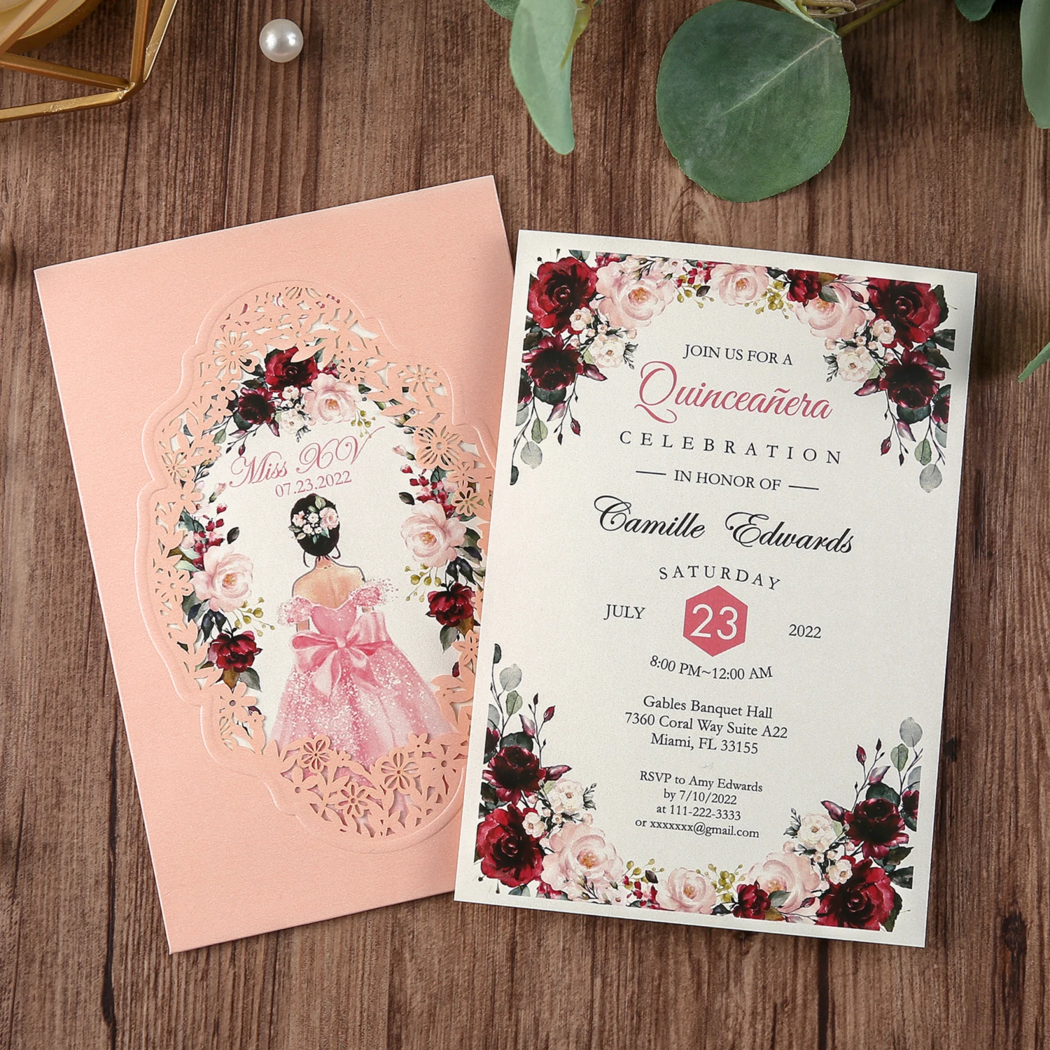 100 шт. розовое золото бордовый темно синий вертикальная лазерная резка Quinceamera