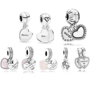 

100% 925 Sterling Silver Original Pan Pendant charm Heart shape Mom and Son Family Charm beads DIY Bangles Bracelet Jewelry gift
