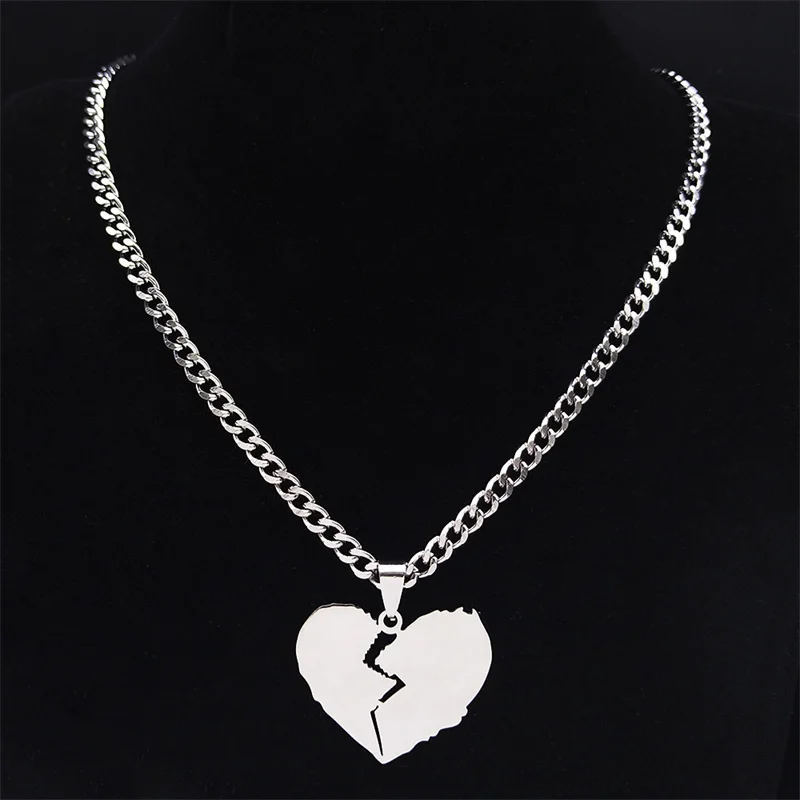 2021 Punk Broken Heart Stainless Steel Necklace Pendant for Women Silver Color Chain Necklaces Jewelry collier homme N4508S06