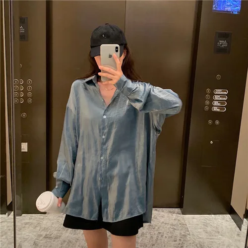 

Simple All Match Solid Turn Down Collar Button Line Long Sleeve Loose College Wind Basic 2019 Female Women Top Shirts