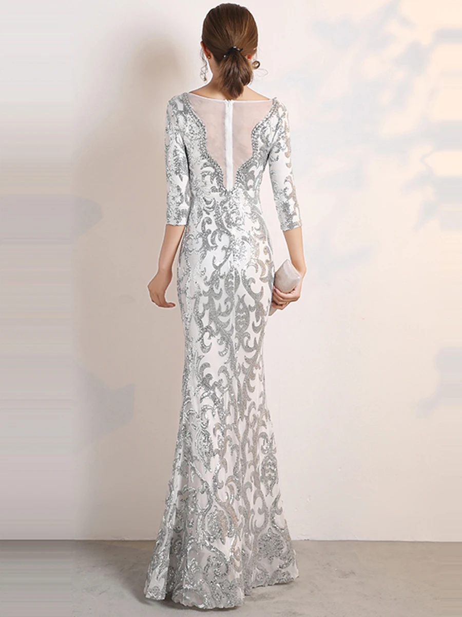 Вечернее платье с глубоким v-образным вырезом, рукав до локтя, элегантное вечернее платье с блестками, длина до пола, вечернее платье F250-1