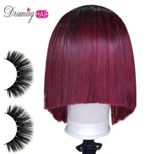 1b 99J средняя часть короткие Боб Синтетические волосы на кружеве человеческих волос парики 13x6 бразильские прямые волосы красные бордовые парики предварительно вырезанные для черный Для женщин