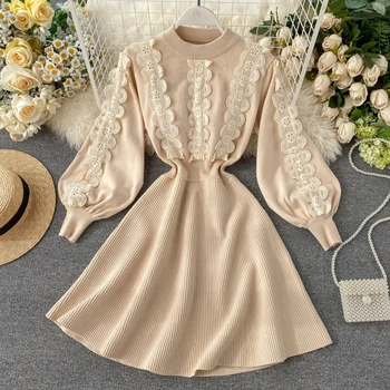 

2019 Fall and Winter Women Vintage Slim Elegant Solid Color Lace Spliced Long Sleeve Empire Knitted Mini Dress Vestidos A839