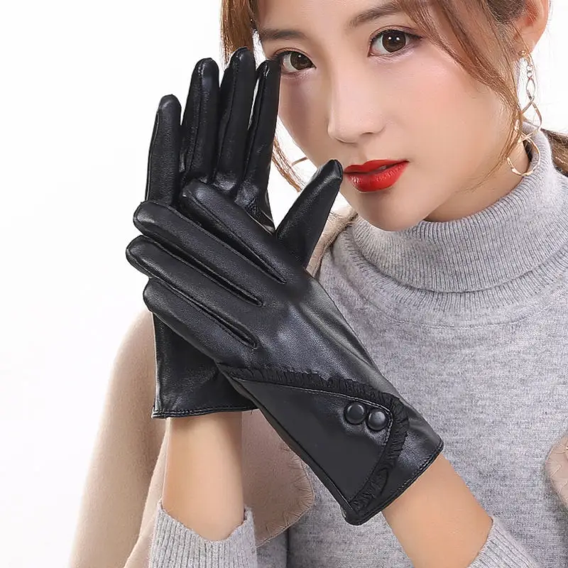 

High Quality Leather Female Fashion Winter Plus Warm Black Gloves Women Driving Touch Phone Screen Glove Mittens
