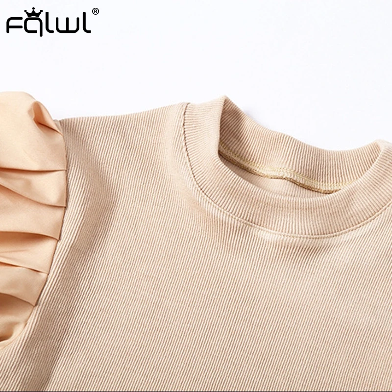 FQLWL Autumn Winter Ribbed Knitted Sweater Women Shirt 2019 Patchwork Puff Sleeve Black Sweater Female Pullovers Ladies Jumpers