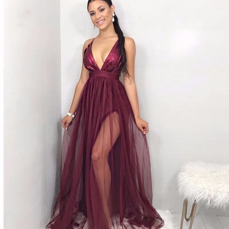 PFFLOOK Mesh Sequin Sexy Maxi Dress Women Deep V Neck Cross Back Backless Long Dress Elegant Sleeveless Solid Summer Party Dress
