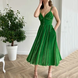 Fashion A-Line Green Velvet Short Tea Length Prom Dress Sexy V-Neck Spaghetti Straps Party Evening Gowns With Pockets