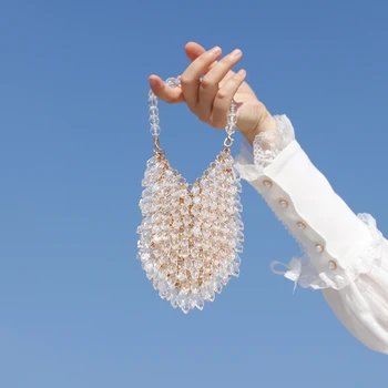 

Transparent Crystal Handbag Hanging Ring Handmade Woven Bag Crystal Shoulder Bag Totes Net Beaded Bucket Female Bag