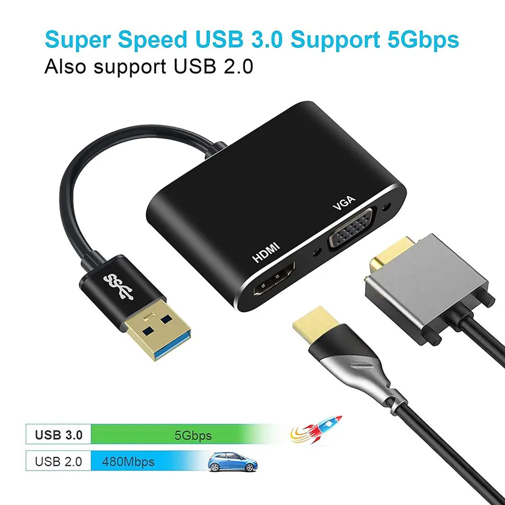 USB 3,0-HDMI VGA 1080P HD 2 в 1 концентратор конвертер для ноутбука HDTV проекторы мониторы HDMI VGA синхронизация выход для Windows7/8/10