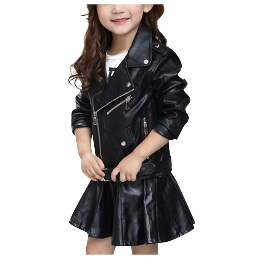 Детская куртка из искусственной кожи мотоциклетная куртка для мальчиков и девочек детская верхняя одежда, однотонное пальто на молнии пальто с длинными рукавами пальто с отложным воротником - Цвет: Black