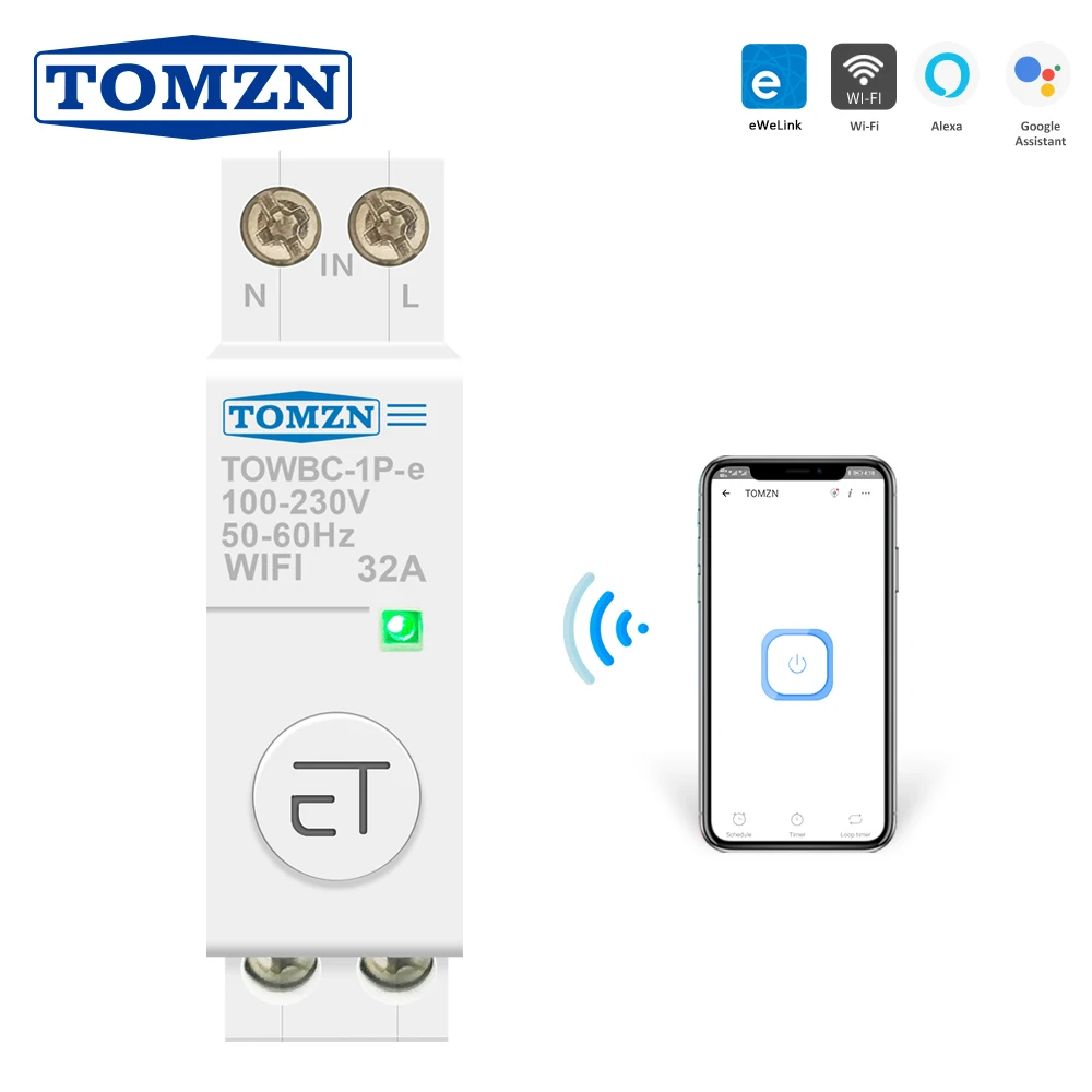Din Rail WIFI Circuit Breaker Smart Switch Remote Control by Ewelink APP for Smart Home 18mm 32A 50A TOMZN Mini TOWBC-1P-e