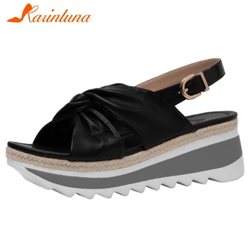 

Karinluna New Arrivals 2020 Genuine Leather Wedge Heels Summer Sandals Woman Shoes Buckle Strap Platform Shoes Women Sandals