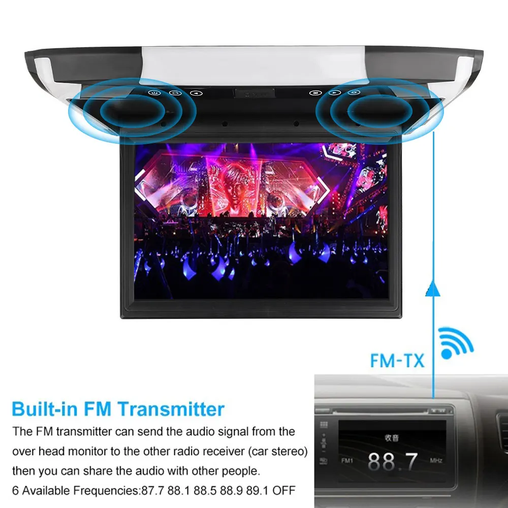 12,1 дюймовый автомобильный монитор на крыше, универсальный автомобильный тв HD видео дисплей, встроенный fm-передатчик с пультом дистанционного управления