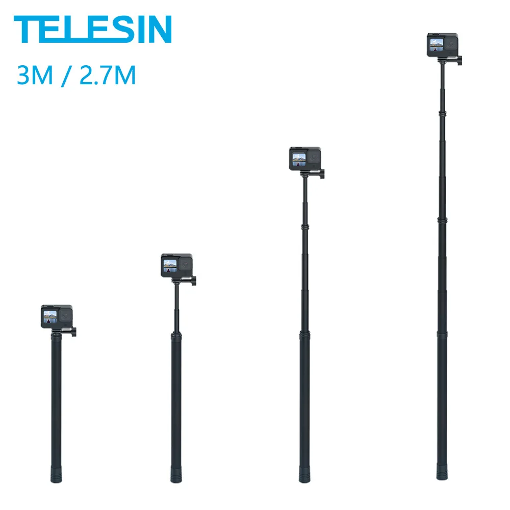 TELESIN 3M Extendable Monopod Carbon Fiber 2.7M Selfie Stick Adjustable For GoPro Hero 9 8 7 6 5 Max Insta360 Osmo Action Sjcam