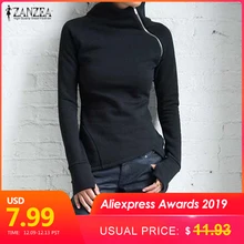 ZANZEA женские толстовки свитшоты Осенние повседневные водолазки с длинным рукавом на молнии облегающие пуловеры, блузы размера плюс однотонный топ