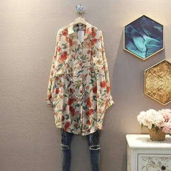 

[EWQ] 2020 Spring Summer New Arrivals Turn Down Collar Full Sleeve Print Pattern Pockets Women Casual Chiffon Shirt Long AW90701
